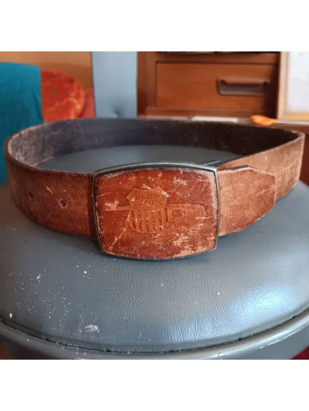 Vintage Belt 32 Small UPTT Union Pacific Railroad Leather Belt Embossed Train